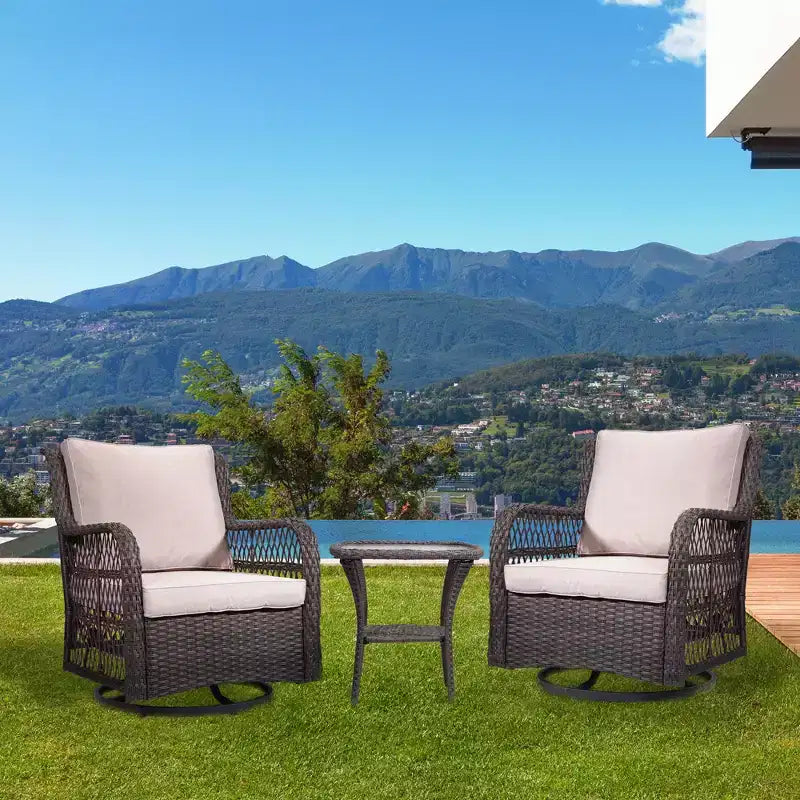 3 Piece Outdoor Bistro Set - All-Weather Wicker Swivel Rocker Chairs with Cushions - Tempered Glass Side Table - Perfect for Garden, Porch, Deck