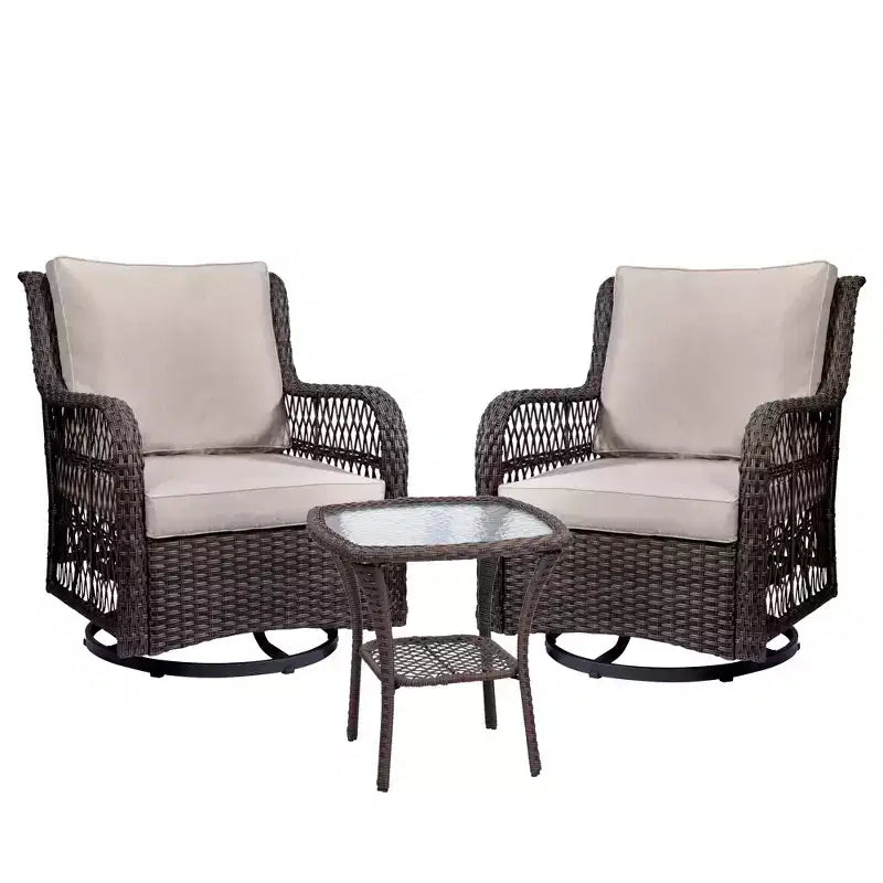 3 Piece Outdoor Bistro Set - All-Weather Wicker Swivel Rocker Chairs with Cushions - Tempered Glass Side Table - Perfect for Garden, Porch, Deck