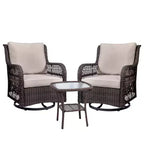 3 Piece Outdoor Bistro Set - All-Weather Wicker Swivel Rocker Chairs with Cushions - Tempered Glass Side Table - Perfect for Garden, Porch, Deck
