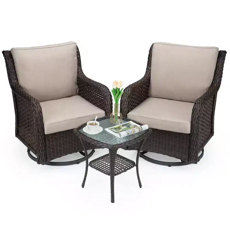 3 Piece Outdoor Bistro Set - All-Weather Wicker Swivel Rocker Chairs with Cushions - Tempered Glass Side Table - Perfect for Garden, Porch, Deck