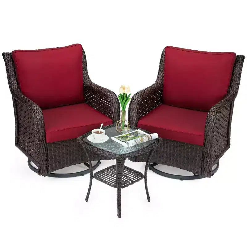 3 Piece Outdoor Bistro Set - All-Weather Wicker Swivel Rocker Chairs with Cushions - Tempered Glass Side Table - Perfect for Garden, Porch, Deck