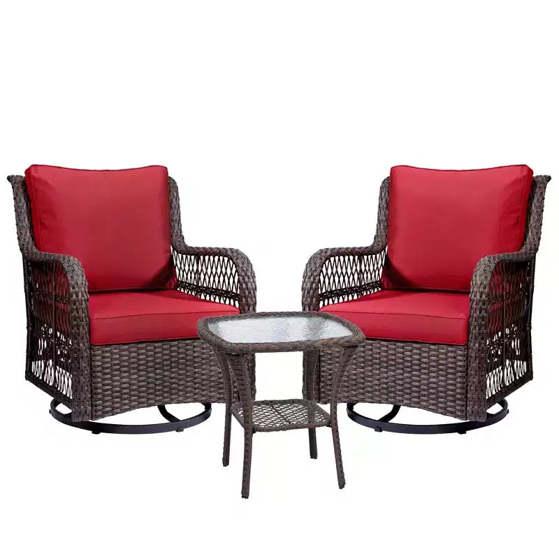 3 Piece Outdoor Bistro Set - All-Weather Wicker Swivel Rocker Chairs with Cushions - Tempered Glass Side Table - Perfect for Garden, Porch, Deck