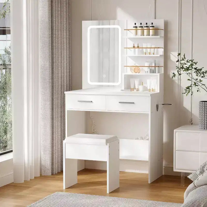 Vanity Desk with LED Lighted Mirror & Power Outlet with 3 Color Modes & Adjustable Brightness,2 Drawers & 4 Storage Shelves,for Makeup Vanity,Bedroom