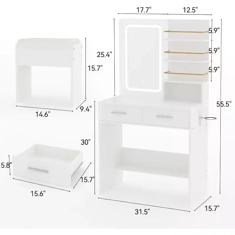Vanity Desk with LED Lighted Mirror & Power Outlet with 3 Color Modes & Adjustable Brightness,2 Drawers & 4 Storage Shelves,for Makeup Vanity,Bedroom
