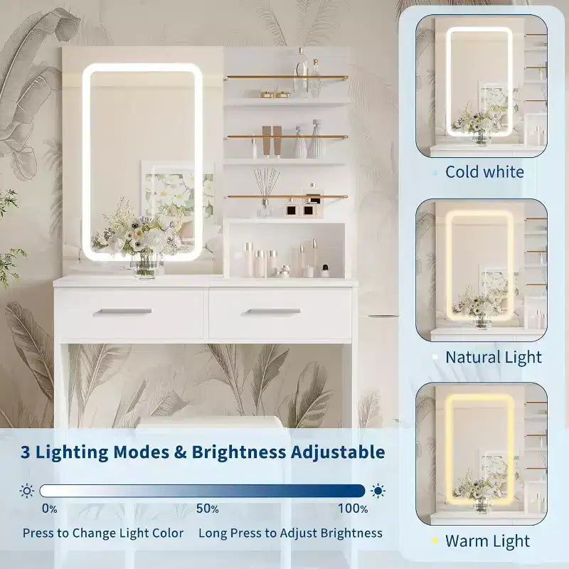 Vanity Desk with LED Lighted Mirror & Power Outlet with 3 Color Modes & Adjustable Brightness,2 Drawers & 4 Storage Shelves,for Makeup Vanity,Bedroom