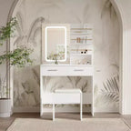 Vanity Desk with LED Lighted Mirror & Power Outlet with 3 Color Modes & Adjustable Brightness,2 Drawers & 4 Storage Shelves,for Makeup Vanity,Bedroom