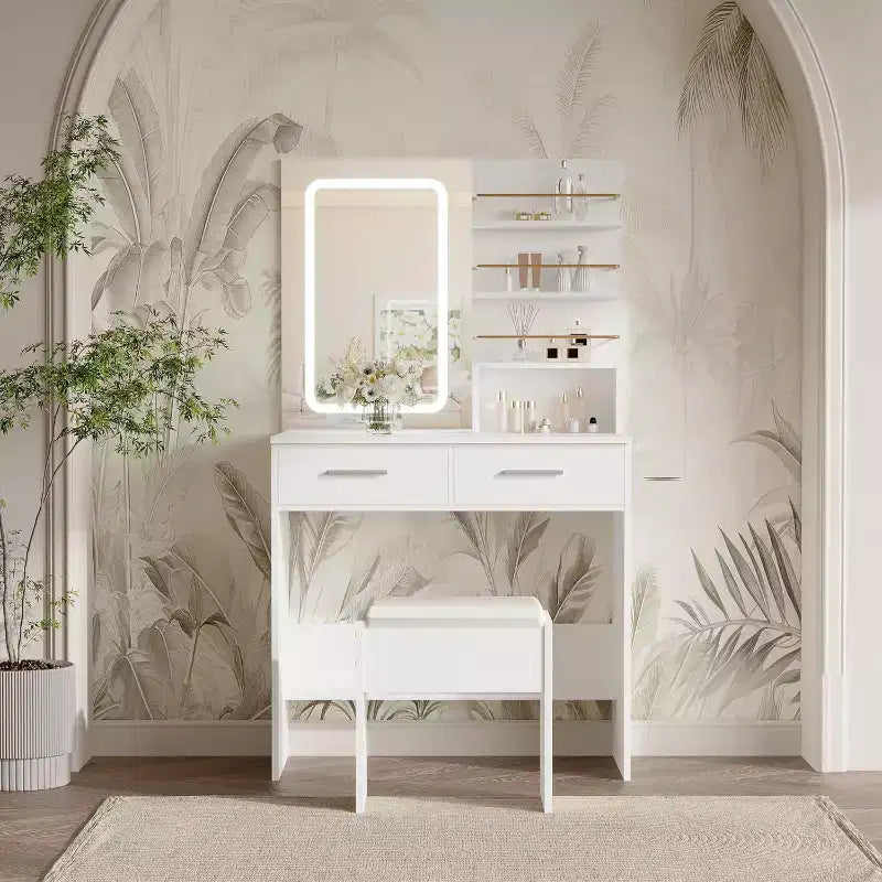 Vanity Desk with LED Lighted Mirror & Power Outlet with 3 Color Modes & Adjustable Brightness,2 Drawers & 4 Storage Shelves,for Makeup Vanity,Bedroom