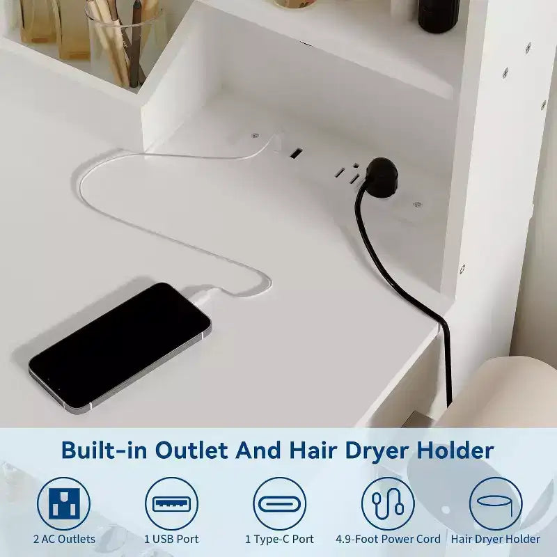 Vanity Desk with LED Lighted Mirror & Power Outlet with 3 Color Modes & Adjustable Brightness,2 Drawers & 4 Storage Shelves,for Makeup Vanity,Bedroom