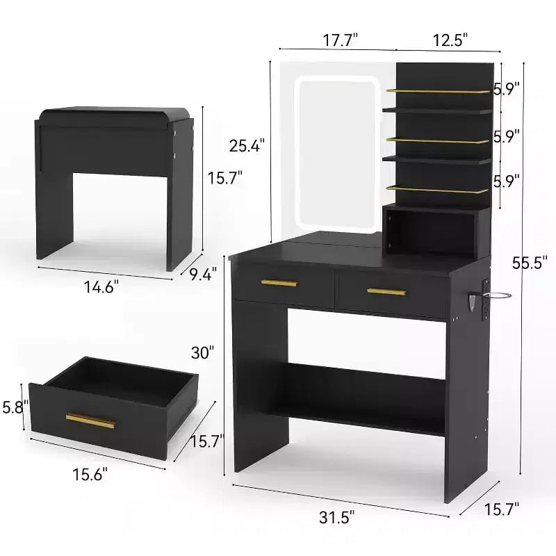 Vanity Desk with LED Lighted Mirror & Power Outlet with 3 Color Modes & Adjustable Brightness,2 Drawers & 4 Storage Shelves,for Makeup Vanity,Bedroom