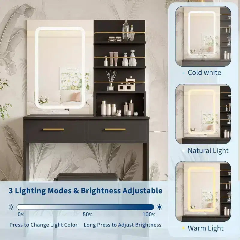 Vanity Desk with LED Lighted Mirror & Power Outlet with 3 Color Modes & Adjustable Brightness,2 Drawers & 4 Storage Shelves,for Makeup Vanity,Bedroom