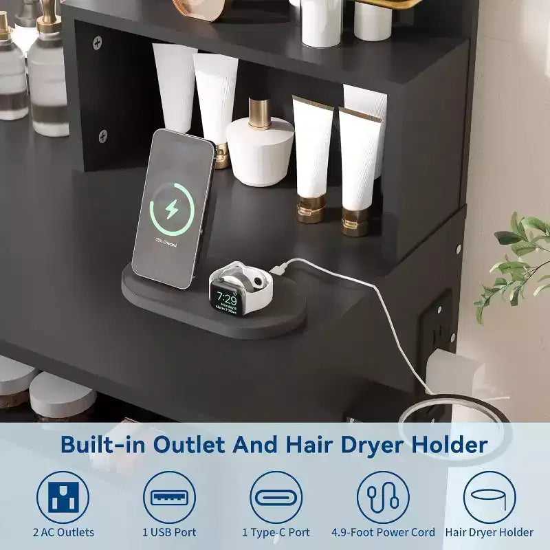 Vanity Desk with LED Lighted Mirror & Power Outlet with 3 Color Modes & Adjustable Brightness,2 Drawers & 4 Storage Shelves,for Makeup Vanity,Bedroom