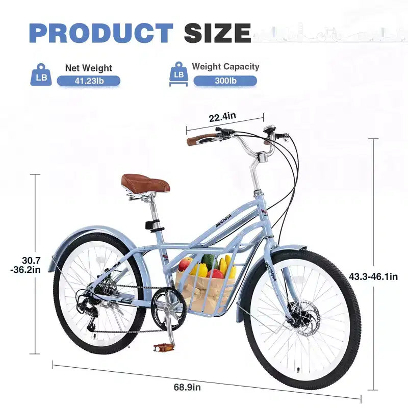 NAYSAYE 24 Inch Commuter Bike for Adult 6-Speed Hybrid City Bicycle with Dual V-Brake Adjustable Seat Steel Frame for Women Men Commuting Leisure