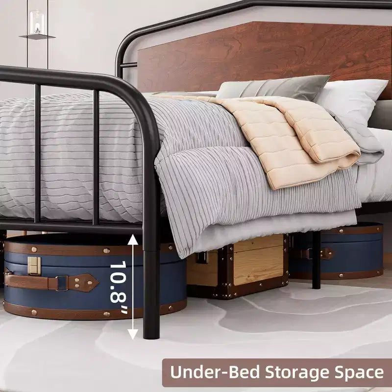 Full Size Bed Frame with Wooden Headboard and Footboard, Heavy Duty Platform Bed with Under-Bed Storage, Solid Metal Construction, Easy Assembly