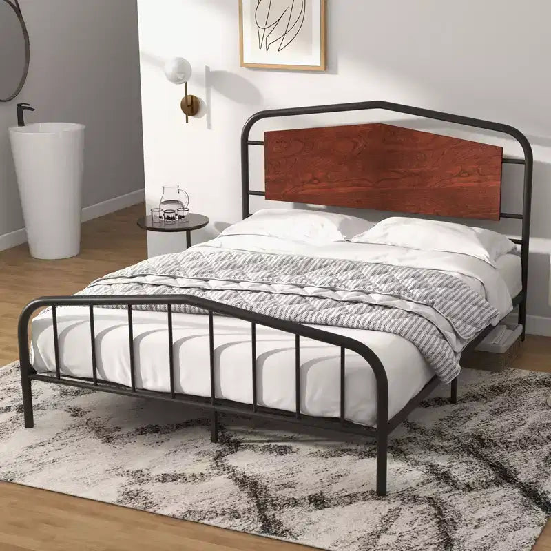 Full Size Bed Frame with Wooden Headboard and Footboard, Heavy Duty Platform Bed with Under-Bed Storage, Solid Metal Construction, Easy Assembly