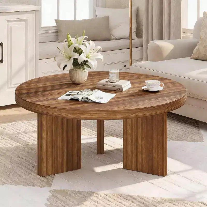 33.4 Small Round Coffee Table - 1.3 Thick Top with Fluted Legs, Accent Cocktail Table for Living Room Bedroom Easy Assembly