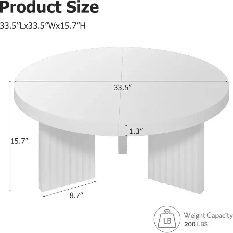 33.4 Small Round Coffee Table - 1.3 Thick Top with Fluted Legs, Accent Cocktail Table for Living Room Bedroom Easy Assembly