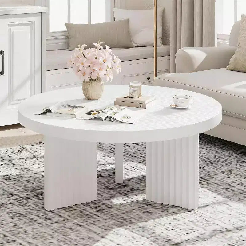 33.4 Small Round Coffee Table - 1.3 Thick Top with Fluted Legs, Accent Cocktail Table for Living Room Bedroom Easy Assembly