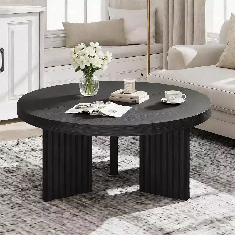 33.4 Small Round Coffee Table - 1.3 Thick Top with Fluted Legs, Accent Cocktail Table for Living Room Bedroom Easy Assembly