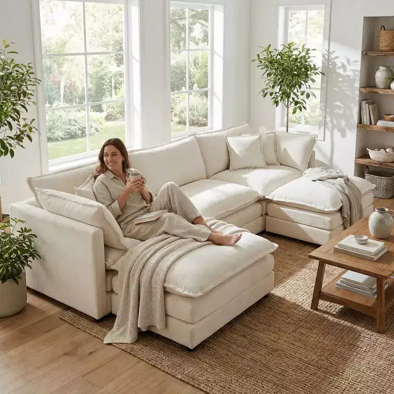 Homy Casa Modular U-Shaped Chenille Sectional Sofa with Reversible Ottomans, Deep Cushioned Comfort, Beige