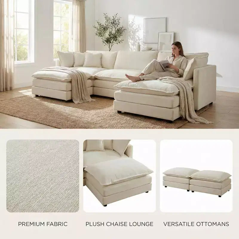 Homy Casa Modular U-Shaped Chenille Sectional Sofa with Reversible Ottomans, Deep Cushioned Comfort, Beige