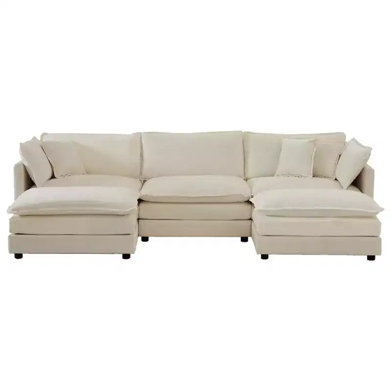 Homy Casa Modular U-Shaped Chenille Sectional Sofa with Reversible Ottomans, Deep Cushioned Comfort, Beige