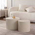 Set of 2 Beige Nesting Drum Side Tables with Wave Stripe Design for Living Room or Bedroom