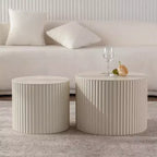 Set of 2 Beige Nesting Drum Side Tables with Wave Stripe Design for Living Room or Bedroom