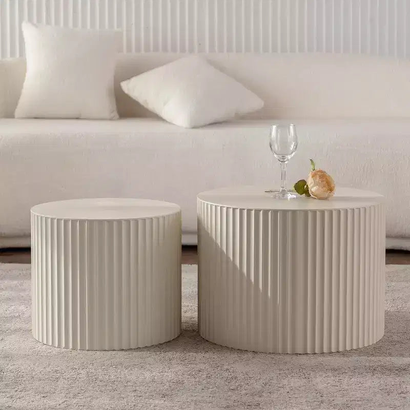 Set of 2 Beige Nesting Drum Side Tables with Wave Stripe Design for Living Room or Bedroom