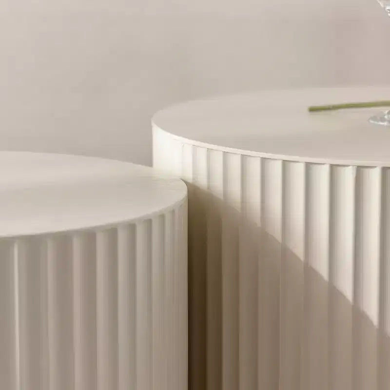 Set of 2 Beige Nesting Drum Side Tables with Wave Stripe Design for Living Room or Bedroom