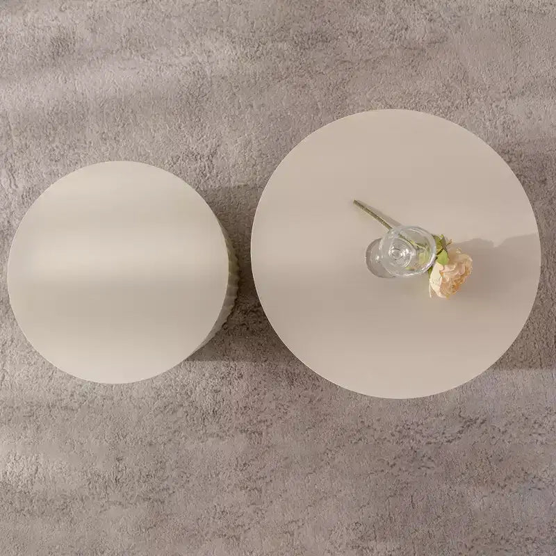 Set of 2 Beige Nesting Drum Side Tables with Wave Stripe Design for Living Room or Bedroom