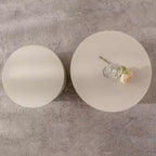 Set of 2 Beige Nesting Drum Side Tables with Wave Stripe Design for Living Room or Bedroom