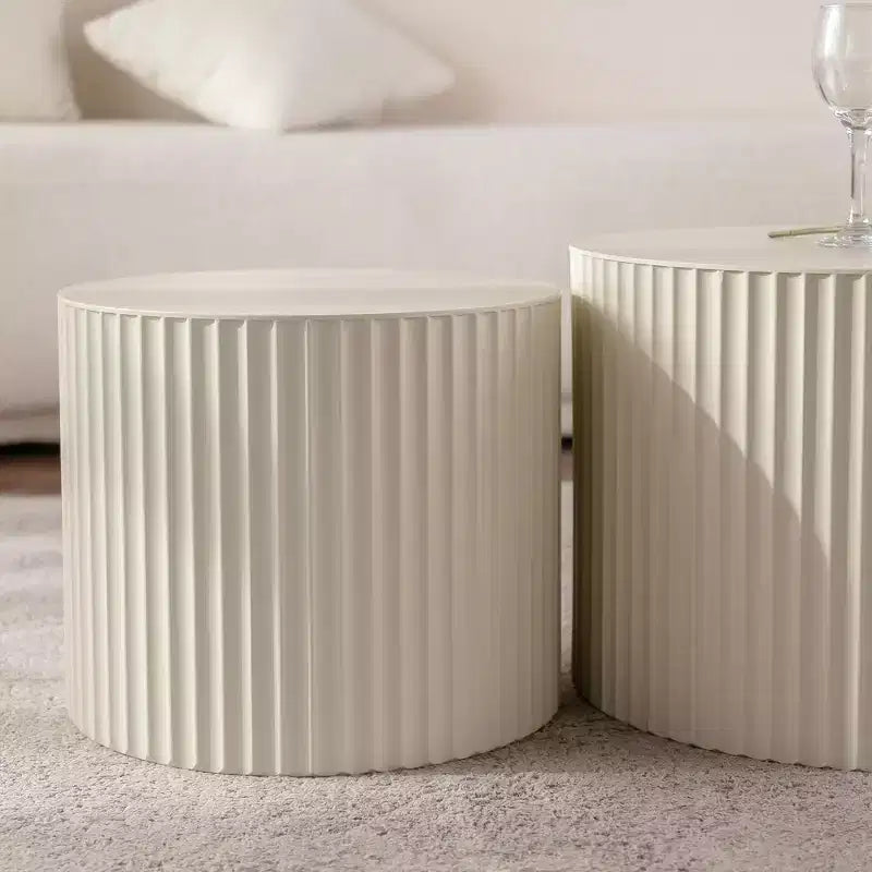 Set of 2 Beige Nesting Drum Side Tables with Wave Stripe Design for Living Room or Bedroom