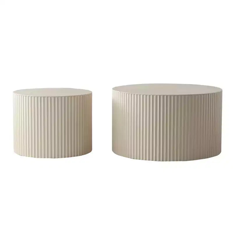 Set of 2 Beige Nesting Drum Side Tables with Wave Stripe Design for Living Room or Bedroom