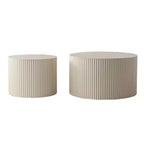 Set of 2 Beige Nesting Drum Side Tables with Wave Stripe Design for Living Room or Bedroom