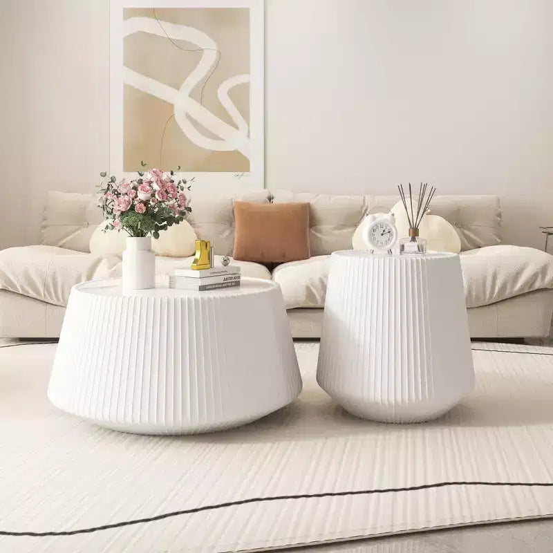 Round-Shaped Leather Coffee Table with Sintered Stone Top and Microfiber Leather Wrap
