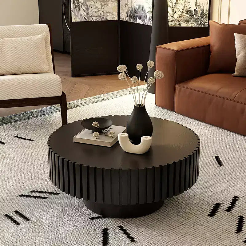 Round Coffee Table with Handcrafted Olive-Shaped Relief and Sturdy Pedestal Base