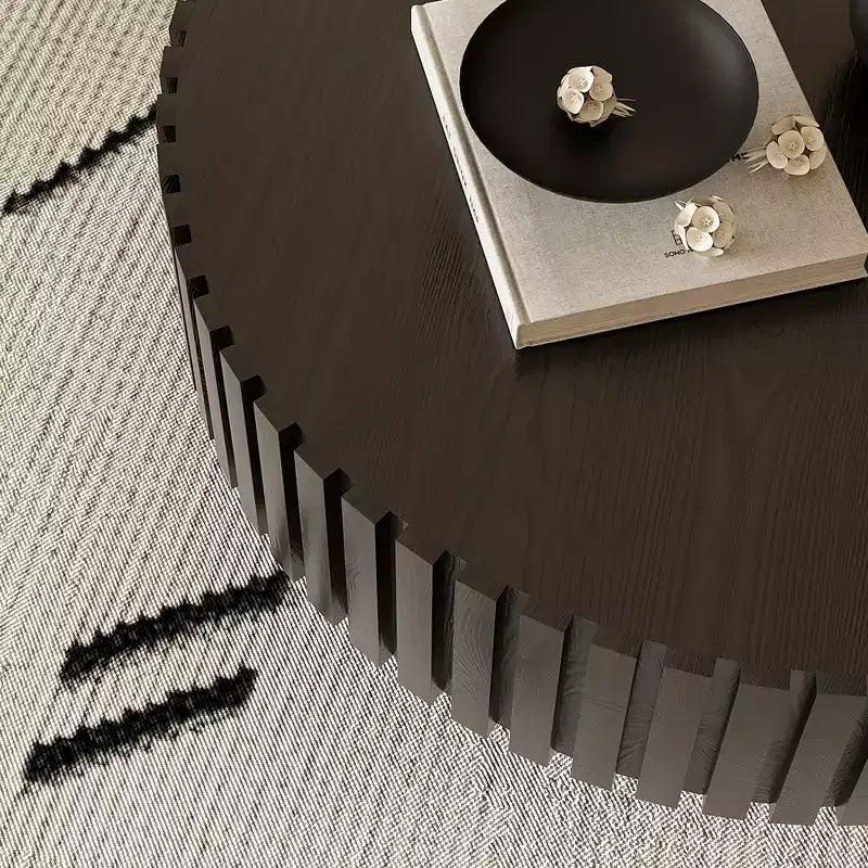 Round Coffee Table with Handcrafted Olive-Shaped Relief and Sturdy Pedestal Base