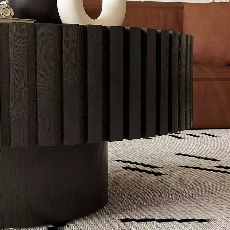 Round Coffee Table with Handcrafted Olive-Shaped Relief and Sturdy Pedestal Base