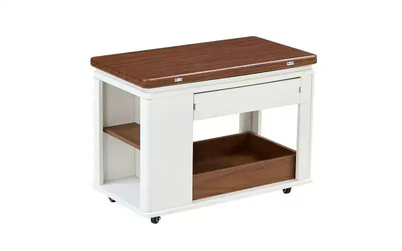JVNOXK 27.6-inch Modern Multifunctional Coffee Table, Multi-Tier Storage Side Table with Foldable Top and Smooth Casters, White and Walnut