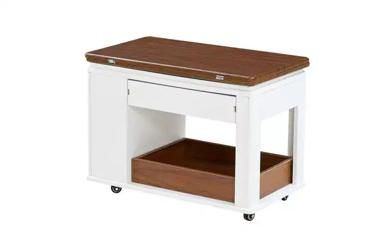 JVNOXK 27.6-inch Modern Multifunctional Coffee Table, Multi-Tier Storage Side Table with Foldable Top and Smooth Casters, White and Walnut