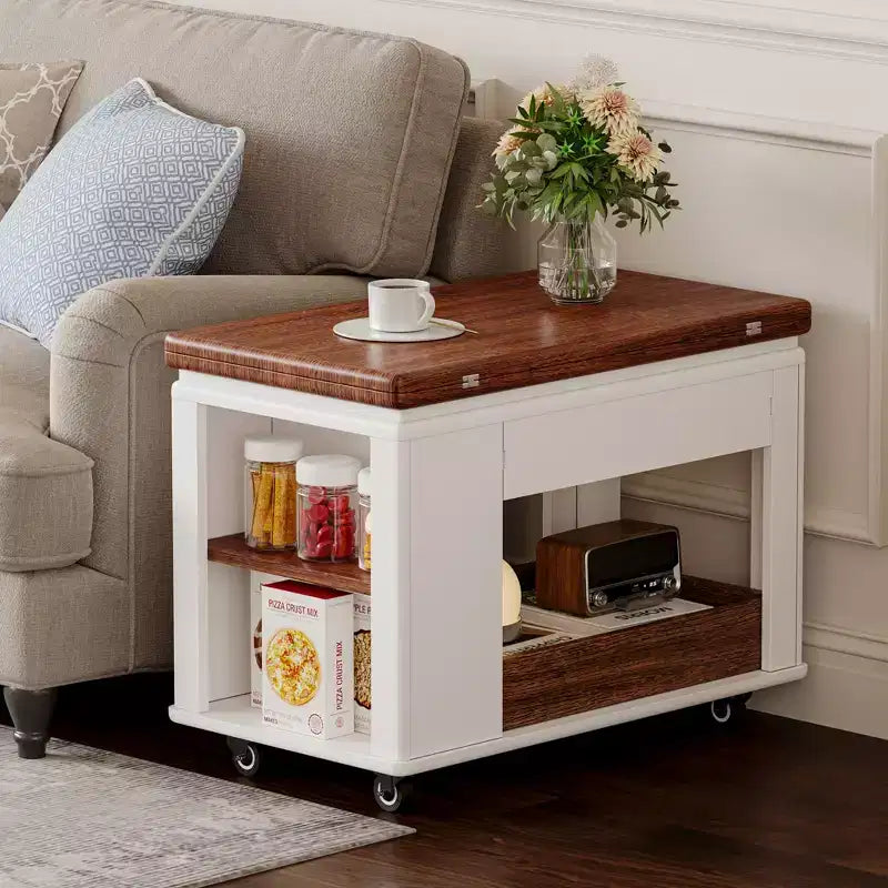JVNOXK 27.6-inch Modern Multifunctional Coffee Table, Multi-Tier Storage Side Table with Foldable Top and Smooth Casters, White and Walnut