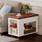 JVNOXK 27.6-inch Modern Multifunctional Coffee Table, Multi-Tier Storage Side Table with Foldable Top and Smooth Casters, White and Walnut