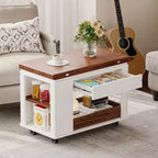 JVNOXK 27.6-inch Modern Multifunctional Coffee Table, Multi-Tier Storage Side Table with Foldable Top and Smooth Casters, White and Walnut