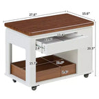 JVNOXK 27.6-inch Modern Multifunctional Coffee Table, Multi-Tier Storage Side Table with Foldable Top and Smooth Casters, White and Walnut