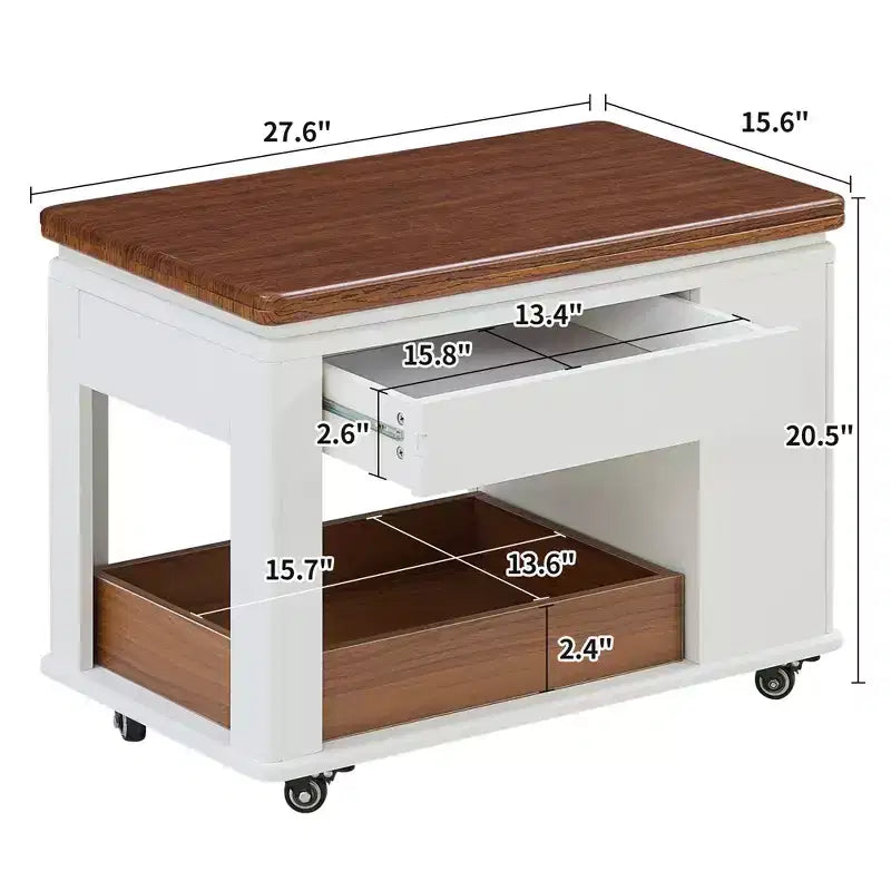 JVNOXK 27.6-inch Modern Multifunctional Coffee Table, Multi-Tier Storage Side Table with Foldable Top and Smooth Casters, White and Walnut