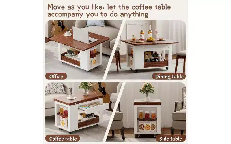 JVNOXK 27.6-inch Modern Multifunctional Coffee Table, Multi-Tier Storage Side Table with Foldable Top and Smooth Casters, White and Walnut