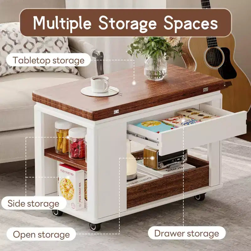 JVNOXK 27.6-inch Modern Multifunctional Coffee Table, Multi-Tier Storage Side Table with Foldable Top and Smooth Casters, White and Walnut