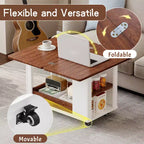 JVNOXK 27.6-inch Modern Multifunctional Coffee Table, Multi-Tier Storage Side Table with Foldable Top and Smooth Casters, White and Walnut