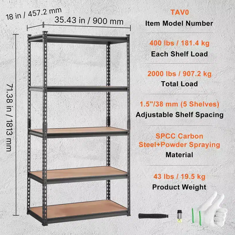 VEVOR Storage Shelving Unit, 5-Tier Adjustable, 2000 lbs Capacity, Heavy Duty Garage Shelves Metal Organizer Utility Rack, Black, 35L x 18W x 71H