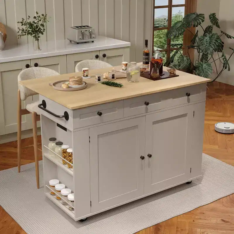 COZONY Rolling Kitchen Island Cart with Drop Leaf, Kitchen Storage Cabinet on Wheels with Drawers, Spice Rack & Towel Bar